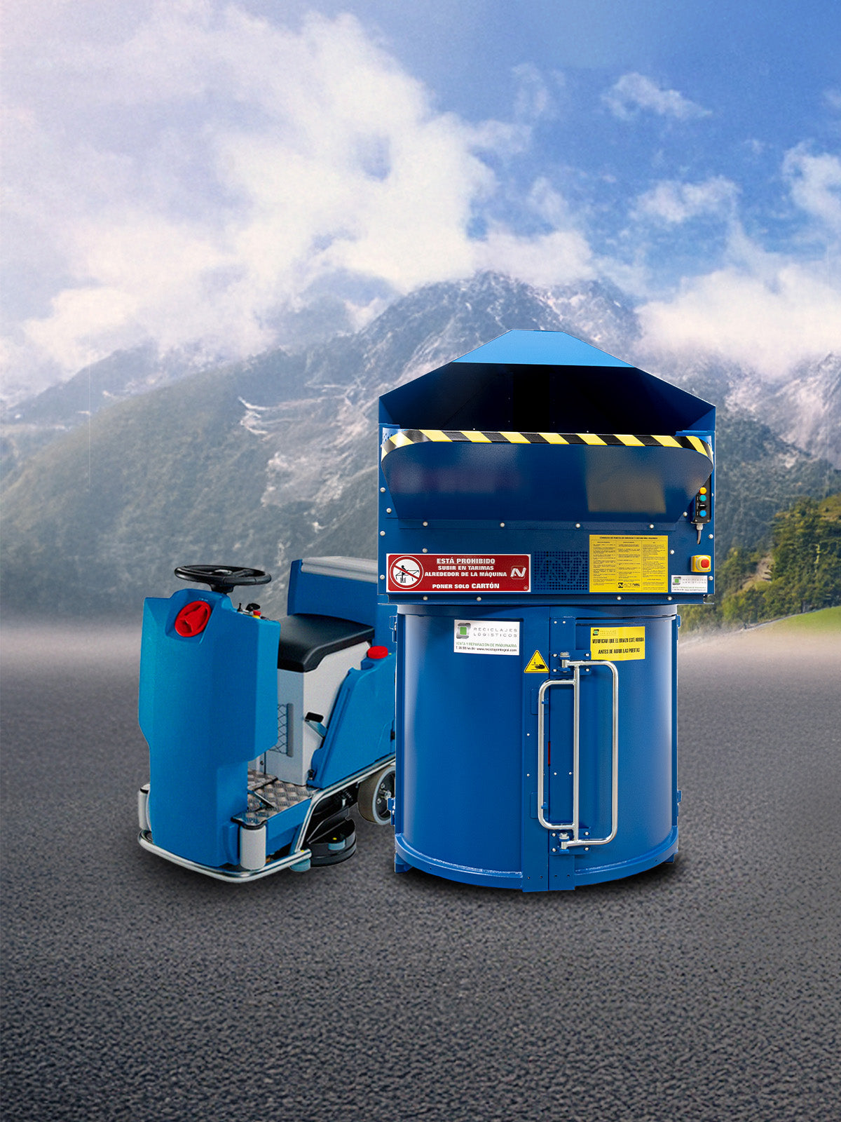 Equipos industriales Reciclajes Logísticos: compactadoras de residuos y fregadora profesional para gestión eficiente de residuos y limpieza industrial