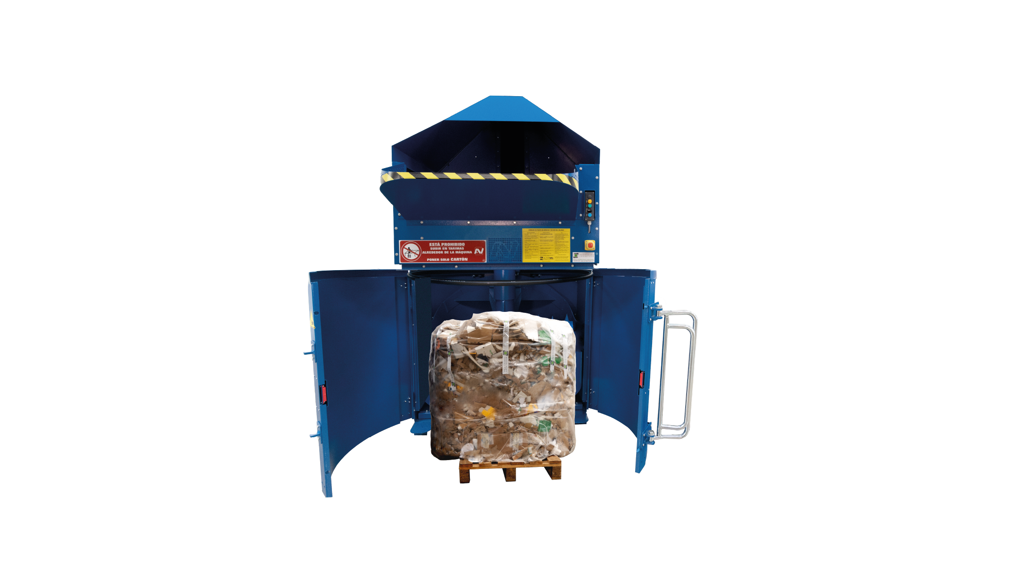 Compactadora Valpak con la puerta abierta mostrando la bala de cartón compactado lista para extracción