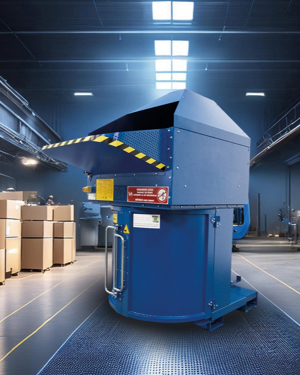 Compactadora de residuos industriales reduciendo volumen de cartón en planta de reciclaje.