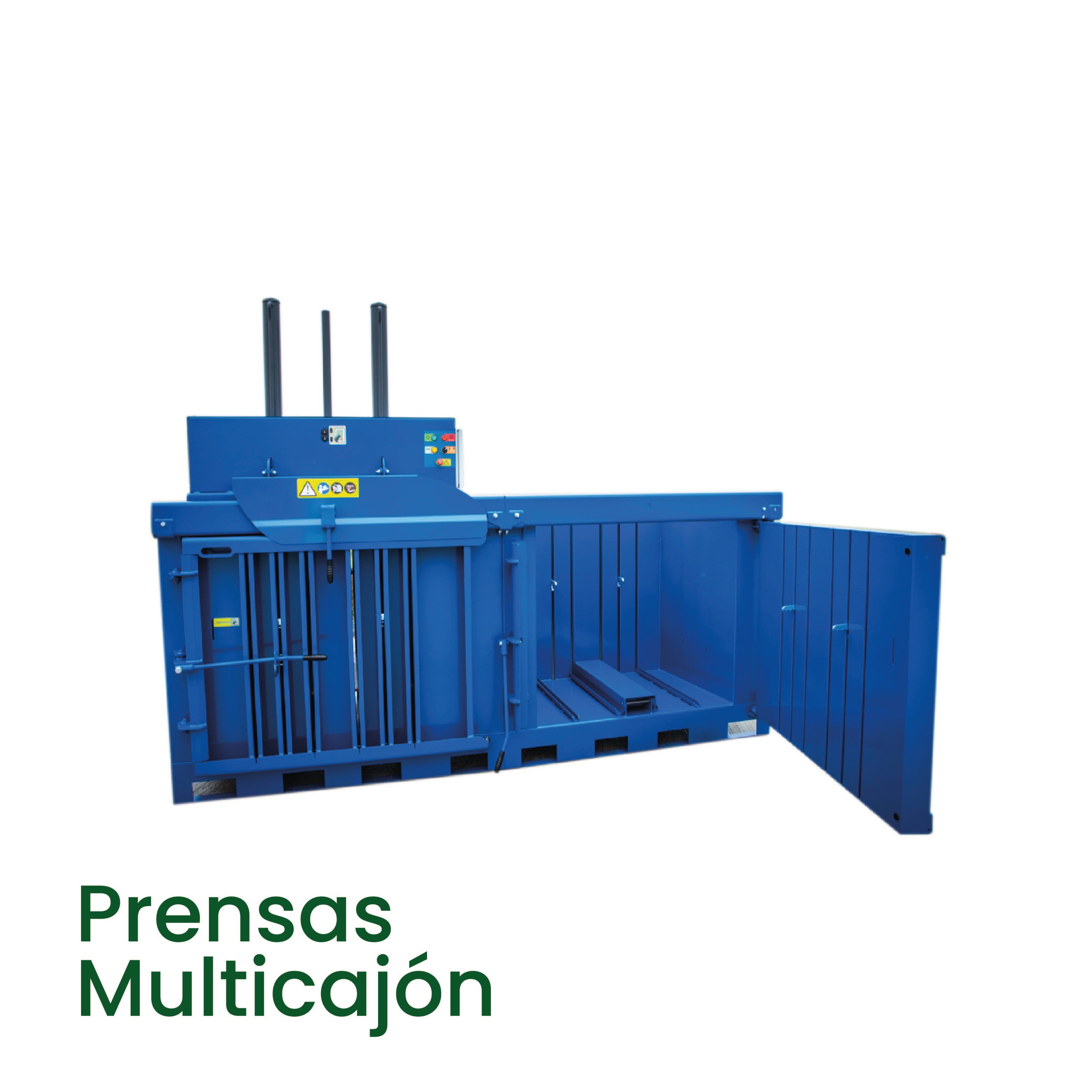 Prensa multicajón para compactación de residuos reciclables, ideal para cartón y plástico y otros residuos sólidos.